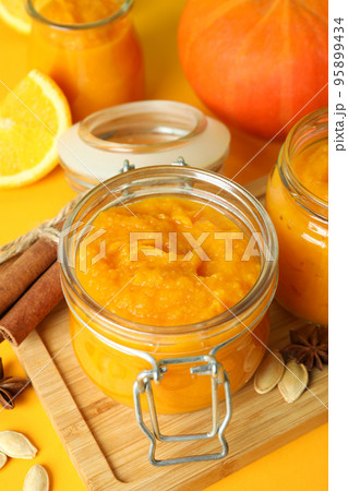 Concept of tasty food, pumpkin jam, close up Concept of tasty food, pumpkin jam, close up 95899434