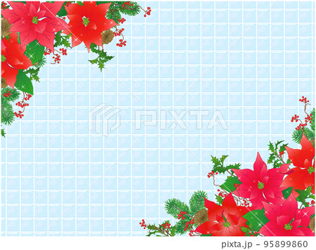 ポインセチアとサンキライの背景④(ななめ,水色タイル) 95899860