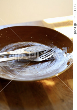食べ終わりの汚れがついた皿とフォークとナイフ 95901739
