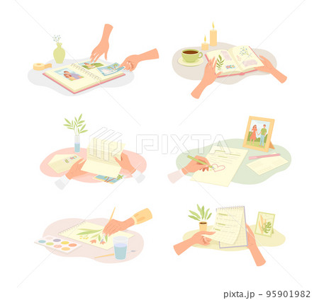 Hands Writing Letter, Drawing Flower and Sticking Photo in Album Vector Set Hands Writing Letter, Drawing Flower and Sticking Photo in Album Vector Set 95901982