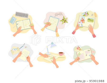 Hands Writing in Notepad and Clipboard on Paper and Drawing Vector Set Hands Writing in Notepad and Clipboard on Paper and Drawing Vector Set 95901988