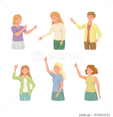 People Character Indicating Something Pointing with Index Finger as Hand Gesture Specifying Direction Vector Set People Character Indicating Something Pointing with Index Finger as Hand Gesture Specifying Direction Vector Set 95902012