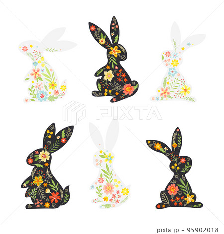Black and White Easter Rabbit with Flowers and Floral Decoration Inside Vector Set 95902018