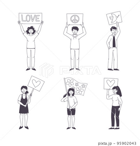 Man and Woman Character Partaking in Demonstration for Peace with Placard Vector Set 95902043