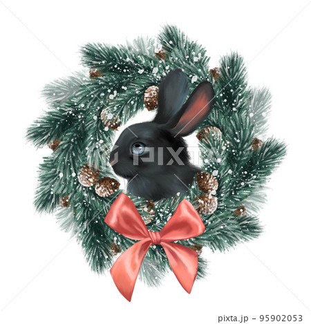 Black bunny. Cute winter illustration of rabbit and fir tree wreath. 95902053