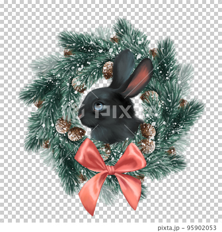Black bunny. Cute winter illustration of rabbit and fir tree wreath. 95902053