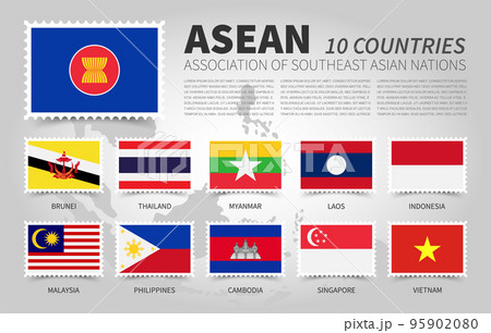 ASEAN . Association of Southeast Asian Nations . and membership flags . Flat rectangular stamp design . Vector . 95902080