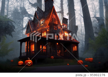 Black and orange house with Halloween theme, 3d render Black and orange house with Halloween theme, 3d render 95902276