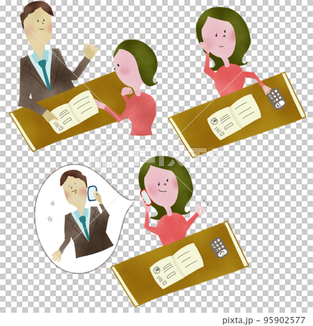 家庭主婦聽推銷員談論產品並完成合同的一組插圖 家庭主婦聽推銷員談論產品並完成合同的一組插圖 95902577