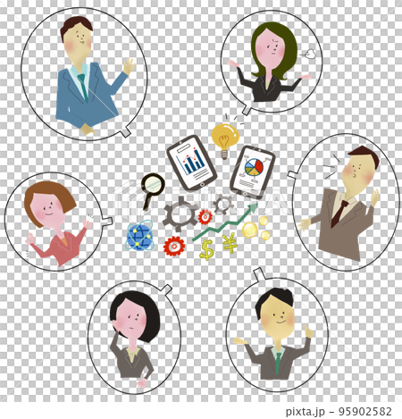 Illustration of business goods with six project members talking and exchanging opinions about a certain project 95902582
