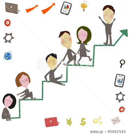 ある目標に向かって助け合いながら、階段をステップアップしていく六人の会社員のイラスト ある目標に向かって助け合いながら、階段をステップアップしていく六人の会社員のイラスト 95902583