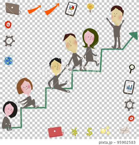 Illustration of six office workers stepping up the stairs while helping each other toward a certain goal Illustration of six office workers stepping up the stairs while helping each other toward a certain goal 95902583