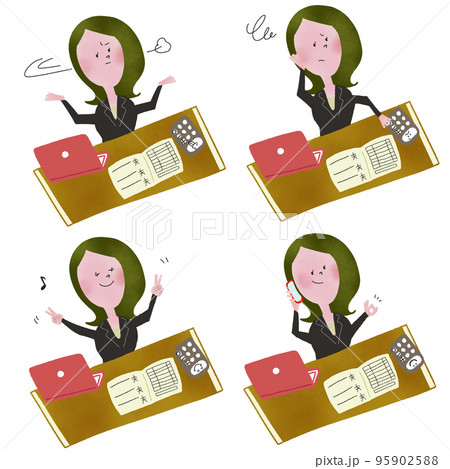 計上をして予算内であったり予算外であったりして気分が変わる若い女性会社員の四枚のイラスト 95902588