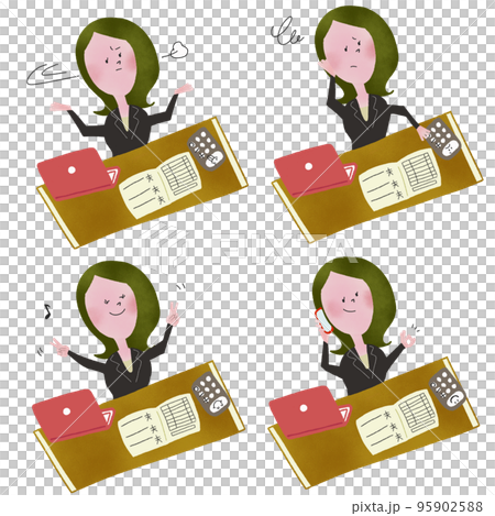 計上をして予算内であったり予算外であったりして気分が変わる若い女性会社員の四枚のイラスト 95902588