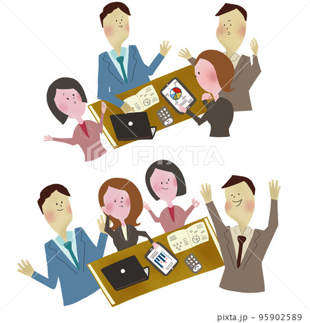 会議で真剣に話し合うイラストと、会議の成果が見えて喜ぶ四人の男女の会社員の二枚のイラスト 会議で真剣に話し合うイラストと、会議の成果が見えて喜ぶ四人の男女の会社員の二枚のイラスト 95902589