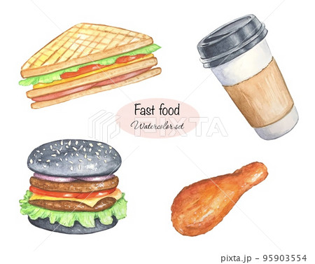 Set of watercolor illustrations of fast food, hamburger, sandwich, chicken leg, coffee 95903554