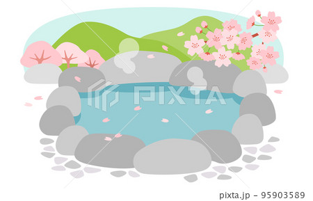 桜の花びらの散る春の露天風呂 95903589