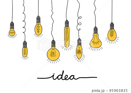 A hand-drawn light bulb with an idea hanging down, a symbol of the idea, a simple sketch in the style of doodles. Flat vector illustration. A hand-drawn light bulb with an idea hanging down, a symbol of the idea, a simple sketch in the style of doodles. Flat vector illustration. 95903835