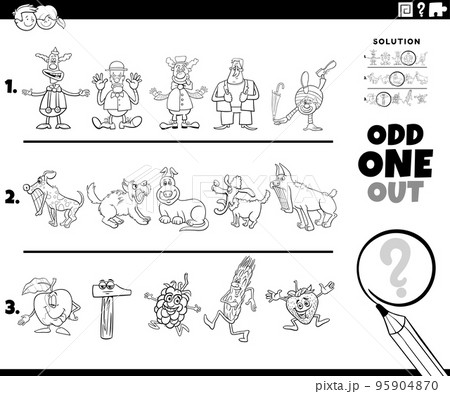 odd one out puzzle with cartoon characters coloring page 95904870
