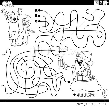 maze with Santa Claus with gifts and kids coloring page 95904874