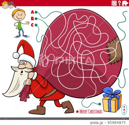 maze game with cartoon Santa Claus with sack of gifts and boy 95904875