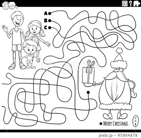 maze with Santa Claus with gift and kids coloring page 95904878