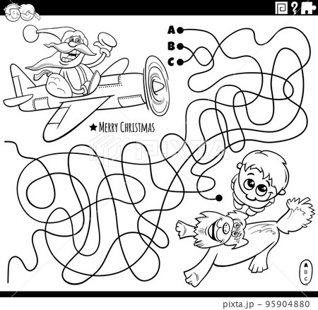 maze with Santa Claus in a plane and boy coloring page 95904880