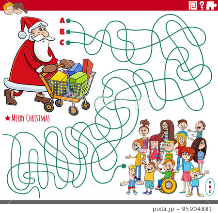 maze game with cartoon Santa Claus with gifts and children 95904881