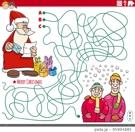 maze game with cartoon Santa Claus with gifts and boys 95904885