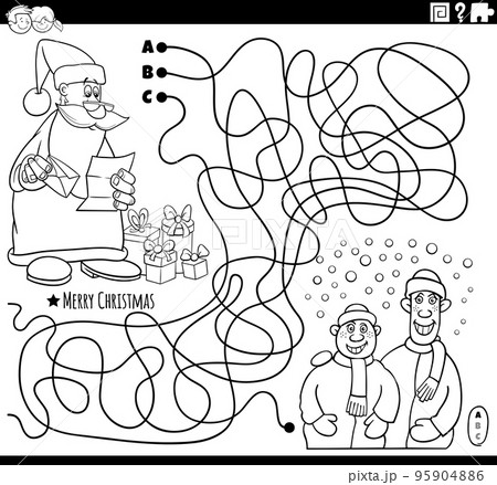 maze with Santa Claus with gifts and boys coloring page 95904886