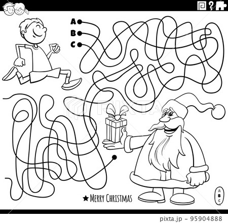 maze with Santa Claus with gift and little boy coloring page 95904888