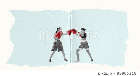 Creative artwork in retro style. Punch. Dynamic portrait of two female professional boxers boxing Creative artwork in retro style. Punch. Dynamic portrait of two female professional boxers boxing 95905319