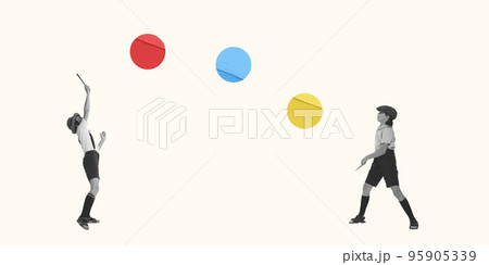 Contemporary art collage. Little retro boys playing, having fun on light background. Concept of children, sport, creativity, design, education, childhood. Copy space 95905339