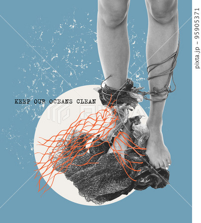 Contemporary art collage of woman with lots of garbage, plastic symbolizing water pollution. Concept of eco, saving environment, ecology, world social issues 95905371