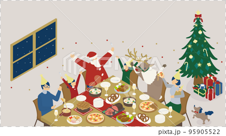 豪華な料理でクリスマスパーティを楽しむ家族 95905522