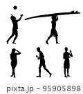 Set of black silhouettes of people actively engaged in sports on the beach. Running, playing volleyball and surfing. 95905898
