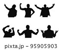 Set of silhouettes of man looking up, meditating, welcoming, having fear and showing muscles 95905903