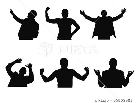 Set of silhouettes of man looking up, meditating, welcoming, having fear and showing muscles 95905903