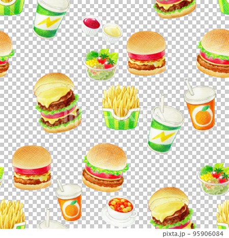 手描きのハンバーガーとサイドメニューのシームレス背景 95906084