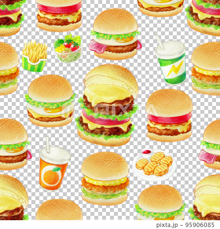 手描きのハンバーガーとサイドメニューのシームレス背景 95906085