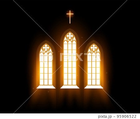 Blessing light flows through church window, morning radiance via stained-glass window in temple, liturgy pray, vector 95906522