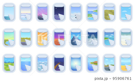 Airplane window icons set cartoon vector. Plane flight. Air travel 95906761