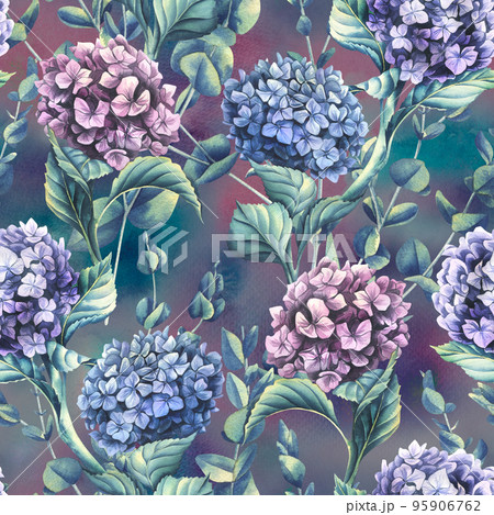 Hydrangea flowers of blue, lilac and pink flowers with eucalyptus branches on a washes background. Watercolor illustration. Seamless pattern from the WEDDING FLOWERS collection. For decoration, design 95906762