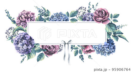Hydrangea flowers, roses and decorative leaves, berries, eucalyptus twigs. Watercolor illustration. Rectangle frame from the WEDDING FLOWERS collection. For invitations, certificates, postcards, lists 95906764