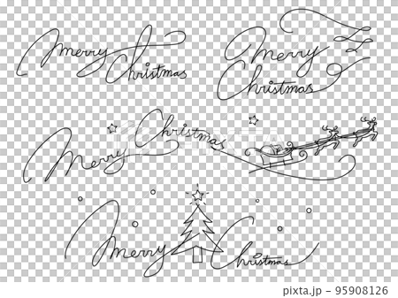 筆記体のメリークリスマス、サンタクロースとトナカイ、乾杯、ツリーなどのクリスマスに使いやすいあしらい 95908126