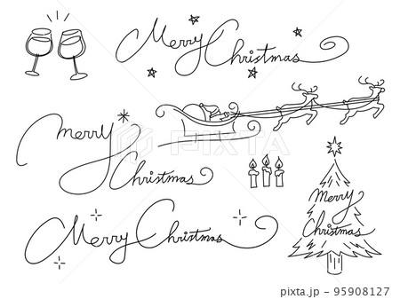 筆記体のメリークリスマス、サンタクロースとトナカイ、乾杯、ろうそくなどのクリスマスに使いやすいあしら 95908127
