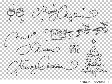 筆記体のメリークリスマス、サンタクロースとトナカイ、乾杯、ろうそくなどのクリスマスに使いやすいあしら 95908127