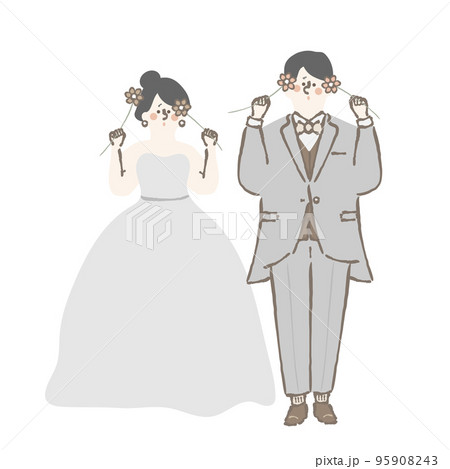 ウェディング　花を持つ　新郎新婦　イラスト 95908243