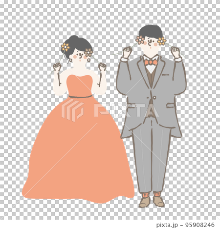 Illustration of bride and groom holding wedding flowers Illustration of bride and groom holding wedding flowers 95908246