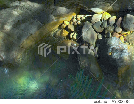 渓流の木漏れ日と木陰のクローズアップ 95908500